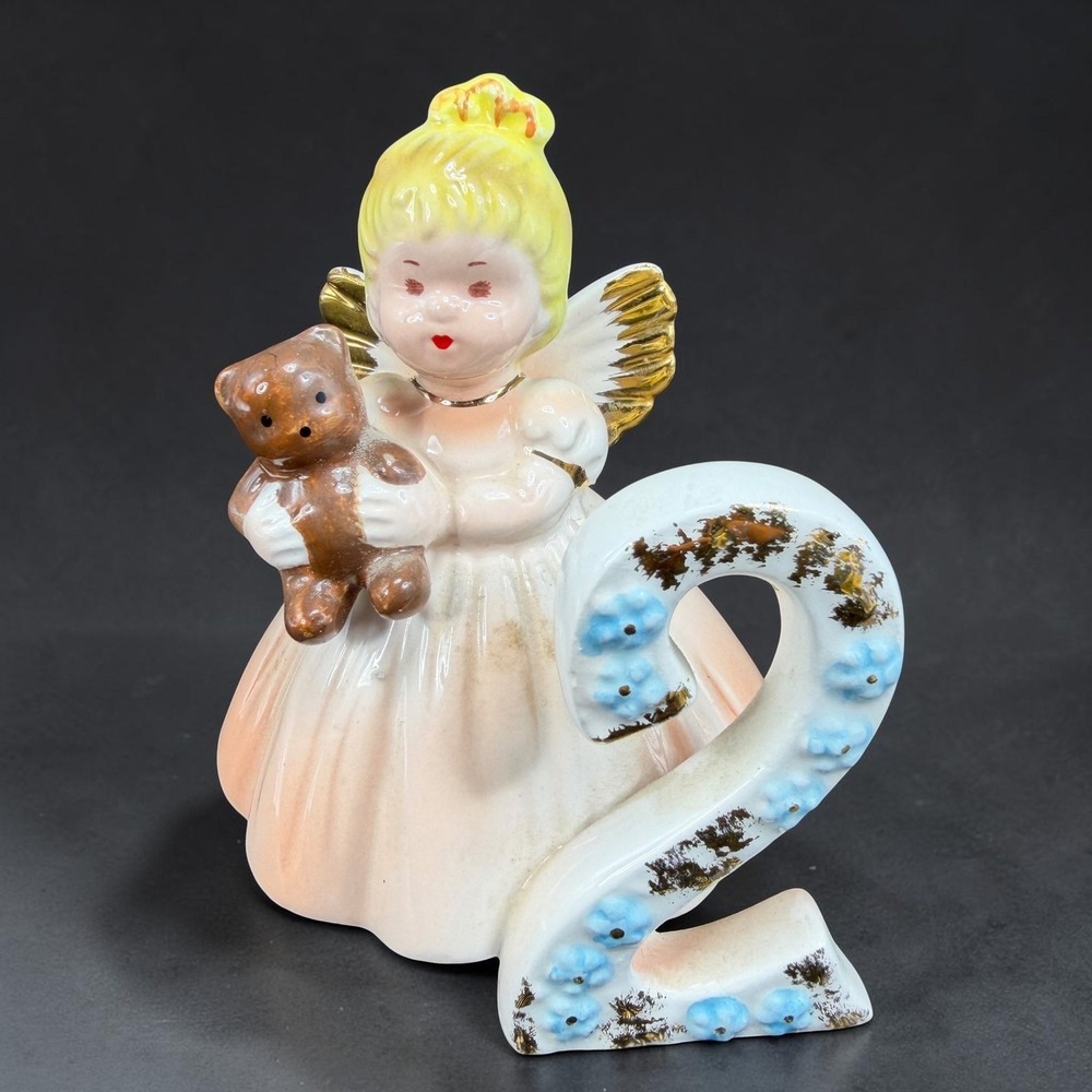 Josef Originals Birthday Angel Age 2 Figurine Teddy Bear Pink Dress Gold Trim